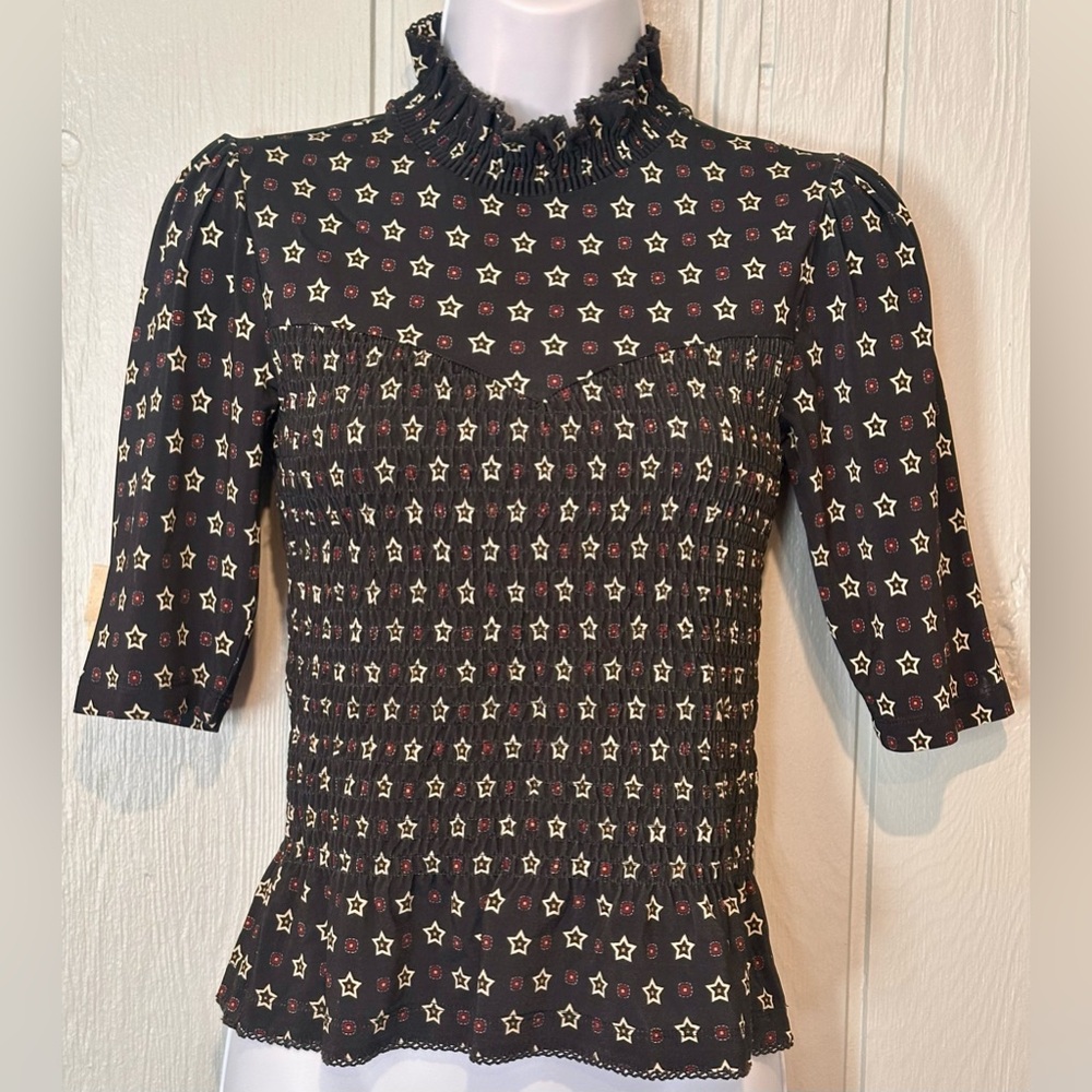 Sandro Navy Star Patterned Smocked Blouse